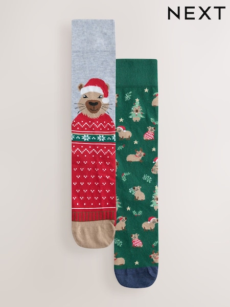 Green/ Grey Capybara - Regular Christmas Socks 2 Pack