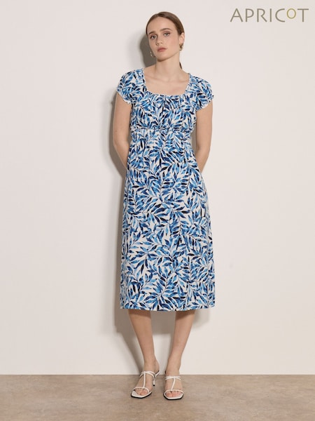 Blue - Apricot Watercolour Leaf Midi Dress