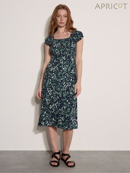 Dark Blue - Apricot Watercolour Leaf Midi Dress