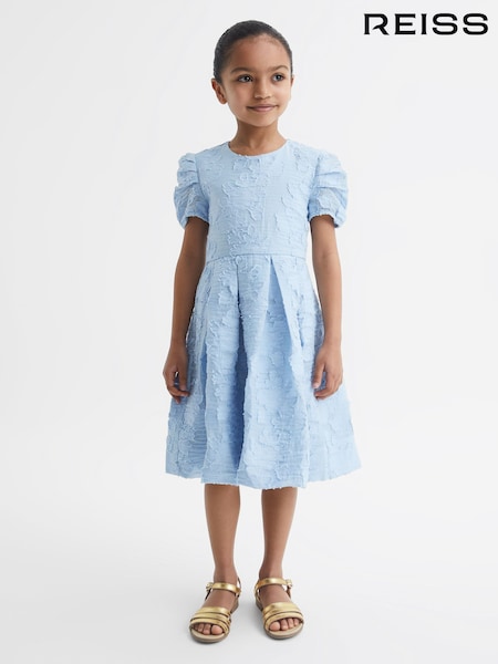 Reiss Blue Amalie 9-12 yrs Floral Print Textured Dress (D85796) | 654 QAR