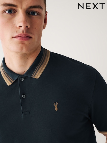 Navy Blue/Tan Brown Regular Fit Short Sleeve Tipped Polo Shirt (D86097) | 99 QAR