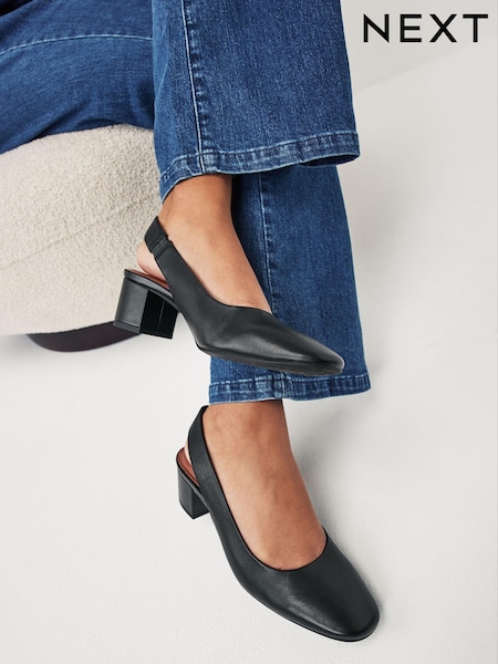 črna - Forever Comfort® Leather Slingback Low Block Heels (D86826) | € 23