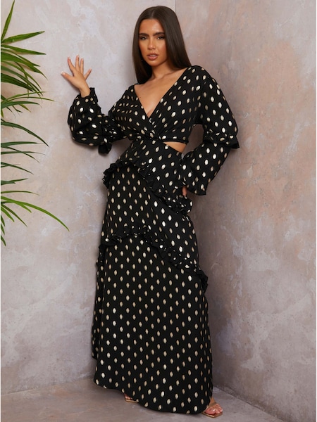 Chi Chi London Petite Long Sleeve Ruffle Detail Foil Spot Detail Maxi Dress (D87030) | ‏209 د.إ.‏