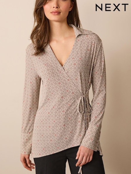 Ecru Cream/Brown Geo Printed Wrap Tunic Shirt (D87127) | €24