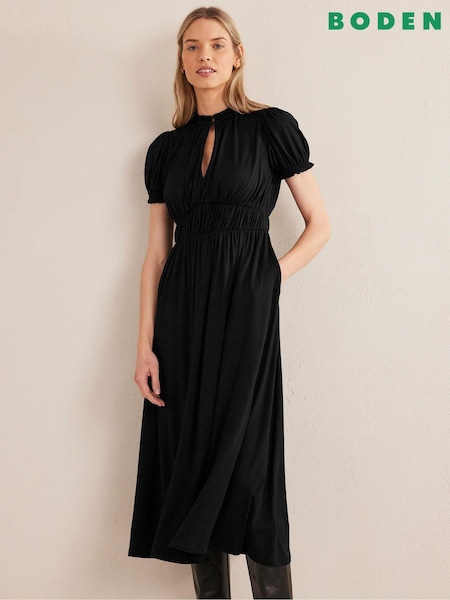 Boden Black Ruched Jersey Midi Tea Dress (D87425) | €31