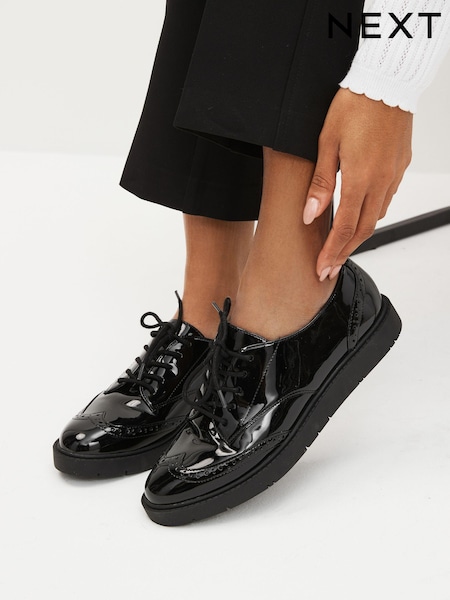 Black Patent Standard/Wide Fit Forever Comfort® Brogue Lace Up Chunky Sole Shoes (D87560) | €50