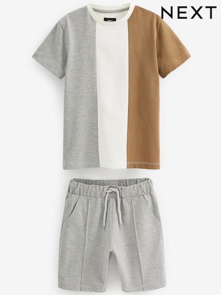 Grey/Tan Brown Colourblock T-Shirt And Shorts Set (3-16yrs) (D87720) | €10 - €14
