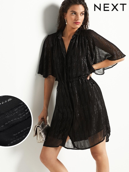 Черный блестящий - Flutter Sleeve Tie Waist Mini Dress (D88095) | €15