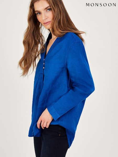 Monsoon Blue India Linen Overhead Neru Collar Blouse (D88194) | €34