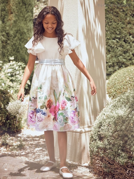 Angel & Rocket White Border Print Sylvie Ruffle Shoulder Bow Dress (D89582) | €100 - €113