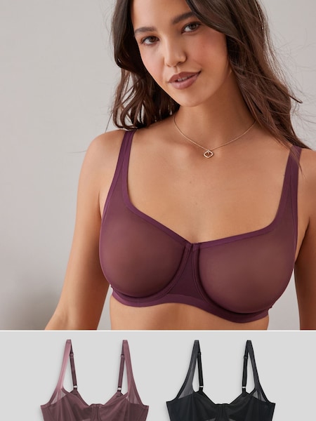 Plum Purple/Black Non Pad Full Cup DD+ Invisible Bonded Mesh Balcony Bra (D89678) | €14