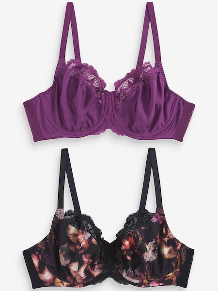 Schwarz geblümt/Violett - DD+ Non Pad Wired Full Cup Microfibre and Lace Bras 2 Pack (D89680) | 9 €