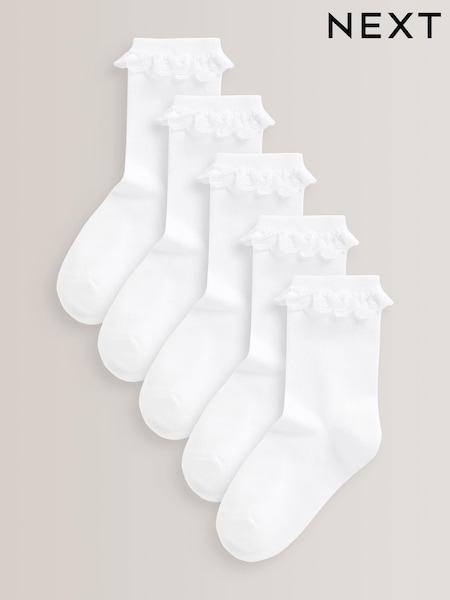 Alb - 5 Pack Cotton Rich Cushioned Sole Ruffle Ankle School Socks (D89963) | 82 LEI - 97 LEI