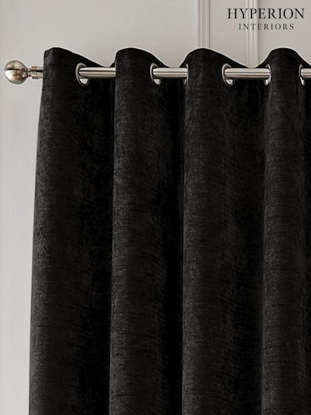 Hyperion Black Selene Luxury Chenille Weighted Thermal Lined Eyelet Curtains (D90385) | $146 - $326