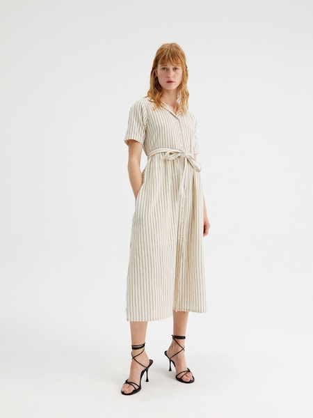 Compania Fantastica Cream Stripe Belted Midi 100% Cotton Dress (D90828) | €41