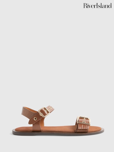 Brown - River Island Leather Buckle Detail Flat Sandals