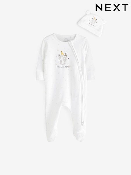 White Im New Here Zip 100% Cotton Sleepsuit and Hat Set (0-9mths) (D91011) | AED35