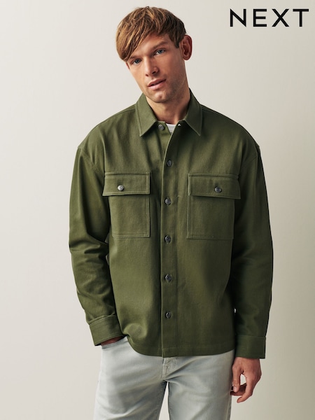 Khaki Green 100% Cotton Twin Pocket Shacket Overshirt (D91320) | €27