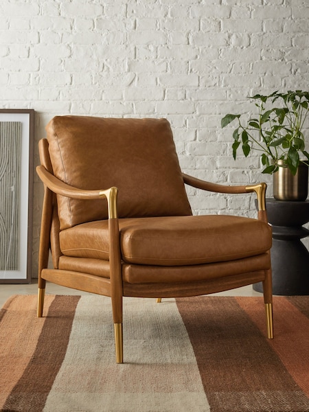Vintaged Faux Leather Light Brown Flinton Wooden Accent Chair (D91483) | €490