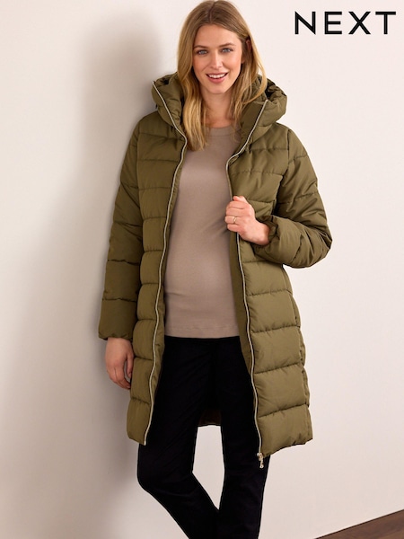 Khaki Green Maternity Padded Shower Resistant Hooded Coat With Zip-Out Panel (D91688) | €40
