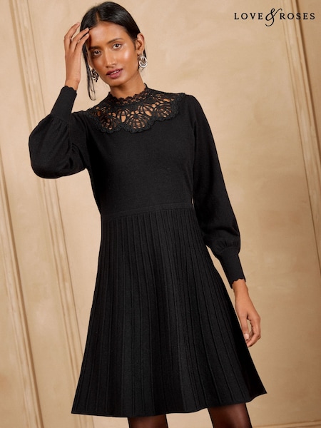 Black - Love & Roses Lace Neck Detail Knitted Mini Dress