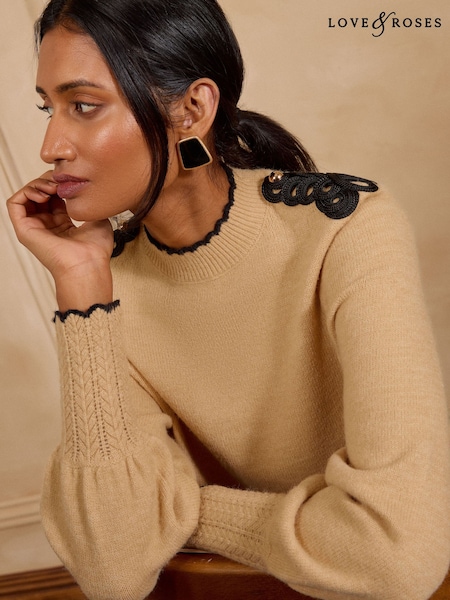 Camel - Love & Roses Trim Detail High Neck Cosy Knitted Jumper