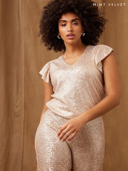 Mint Velvet Gold Sequin Ruffle T-Shirt (D93332) | €49