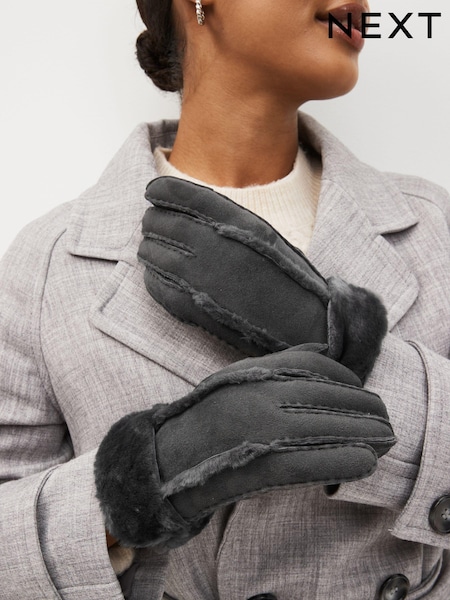 Grey Leather Sheepskin Gloves (D94317) | €50
