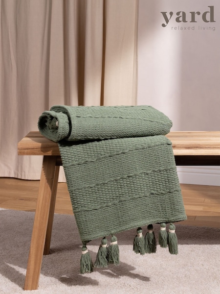 Yard Eucalyptus Green Caliche Woven Contrast Tasselled 100% Cotton Throw (D95654) | €40
