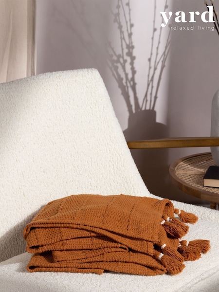Yard Ginger Brown Caliche Woven Contrast Tasselled 100% Cotton Throw (D95655) | €39