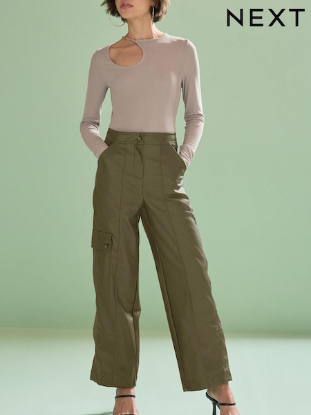 Olive Green Faux Leather PU Cargo Trousers (D96165) | €7