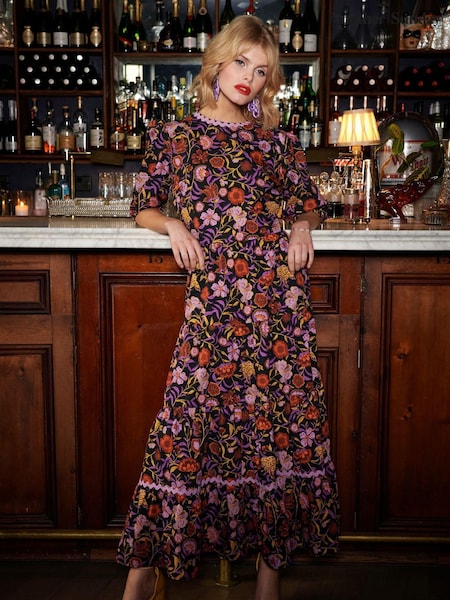 Violet - Another Sunday 100% Cotton Floral Imprimeu Poplin Short Mânecă bufantă Tired Smock Midi Rochie (D97399) | 250 LEI