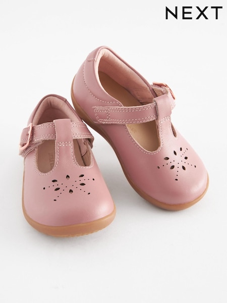 Blush Pink Leather Wide Fit (G) First Walker T-Bar Shoes (D98230) | €21