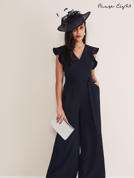 Phase Eight Ink Blue Petite Petite Kallie V-Neck Frill Jumpsuit (D98261) | €178