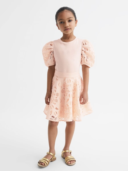 Reiss Pink Alberta 9-12 yrs Floral Lace Puff Sleeve T-Shirt (D99272) | €46