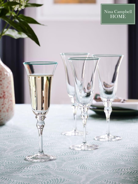 Nina Campbell Set of 4 Green Rim Meadow Champagne Flute Glasses (D99665) | €40