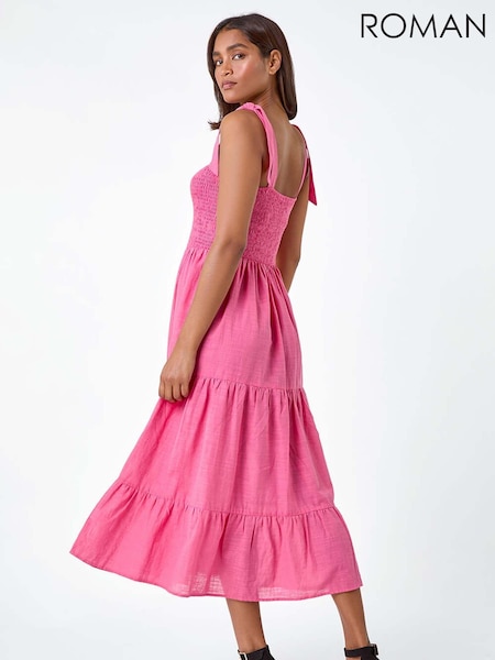 Roman Pink 100% Cotton Shirred Tie Detail Tiered Midi Dress (E00060) | €32
