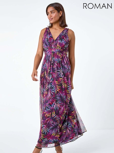 Roman Purple Palm Print Mesh Overlay Maxi Dress (E00065) | 143 QAR