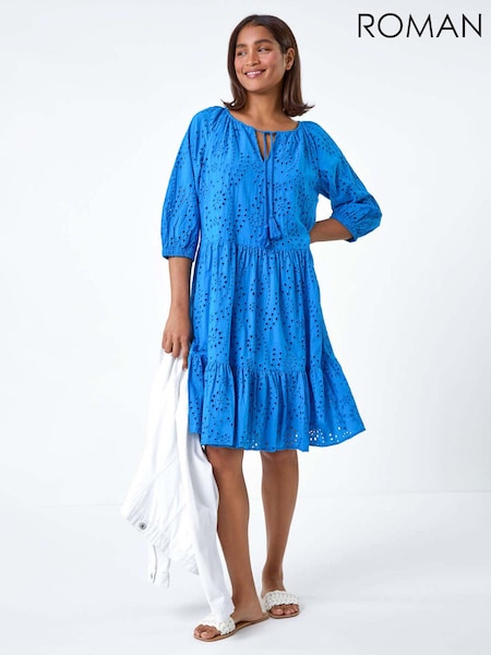 Roman Blue 100% Cotton Broderie Tiered Smock Dress (E00074) | AED153
