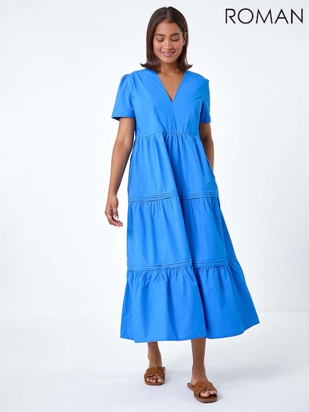 Roman Blue Plain 100% Cotton Tiered Maxi Dress (E00081) | €34
