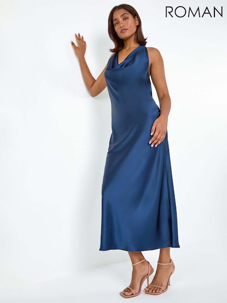 Roman Blue Floral Print Satin Bias Cut Dress (E00096) | €30
