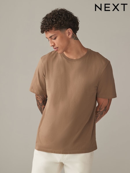 Stone Mid Regular Fit Essential Crew Neck Cotton T-Shirt (E00184) | €5