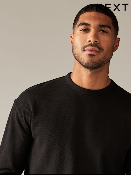 Black Long Sleeves Waffle Texture Crew 100% Cotton T-Shirt (E00227) | €10