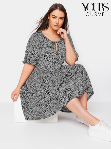 Yours Curve Light Black Floral Print Textured Mini Dress (E00285) | €39