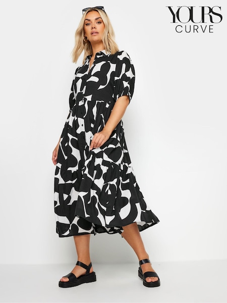 Schwarz - Yours Curve 100% Cotton Abstract Tiered Shirt Dress (E00304) | 53 €