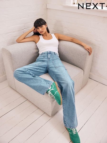 Albastru deschis - 100% Cotton Cargo Wide Leg Jeans (E00345) | 129 LEI