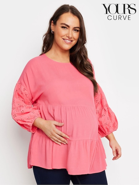 Yours Curve Pink Maternity Tiered Top With Broderie Sleeves (E00442) | €44