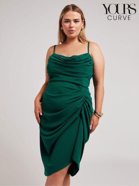 Yours Curve Green LONDON Curve Cowl Neck Gathered Dress (E00456) | 123 QAR