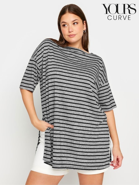 Yours Curve Black Denim Stripe Oversized Linen T-Shirt (E00469) | €28