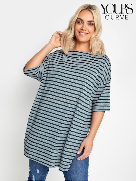 Yours Curve Blue Stripe Oversized Linen T-Shirt (E00473) | €28